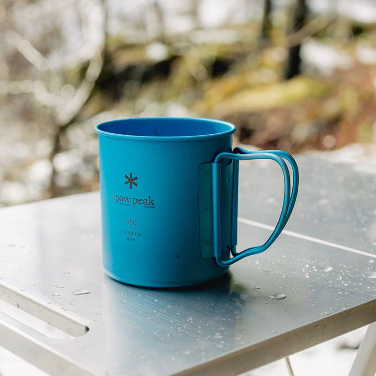 Snow Peak Ti-Single 450 Anodized Cup - Blue - Lifestyle Image